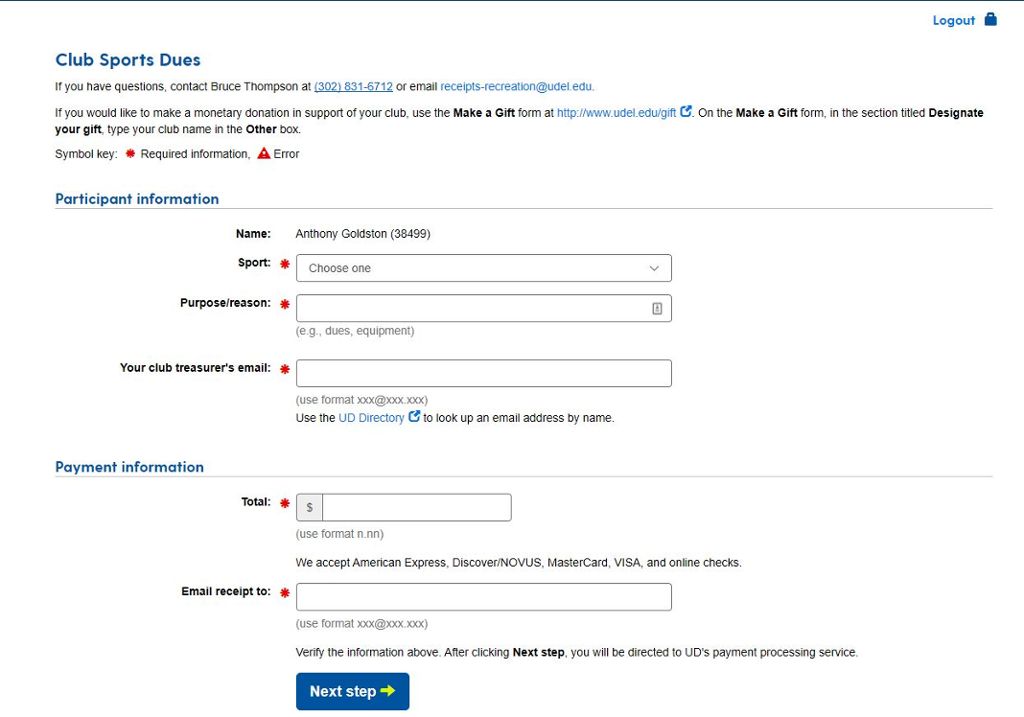 Club Sports Dues Payment (Club Sports) | All Campuses | My UD